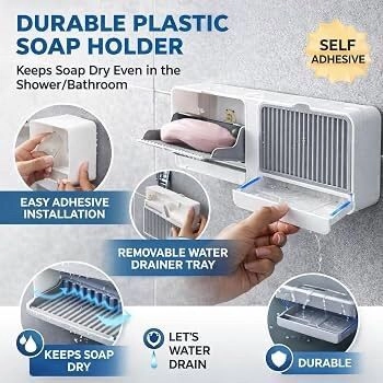 Wall Mounted Self Draining Soap Box | Plastic Soap Holder with Slide-Out Water Drainer Tray | No Drilling Self Adhesive Soap Rack for Shower, Sink & Wash Basin; Multi Colour 5