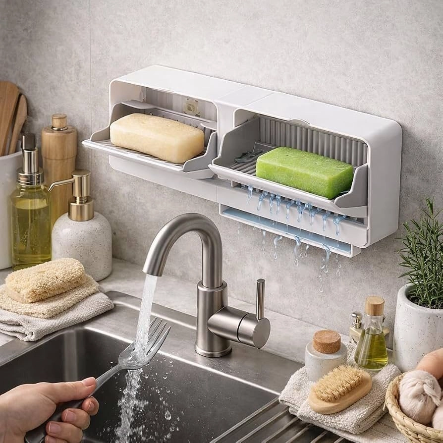 Wall Mounted Self Draining Soap Box | Plastic Soap Holder with Slide-Out Water Drainer Tray | No Drilling Self Adhesive Soap Rack for Shower, Sink & Wash Basin; Multi Colour 6