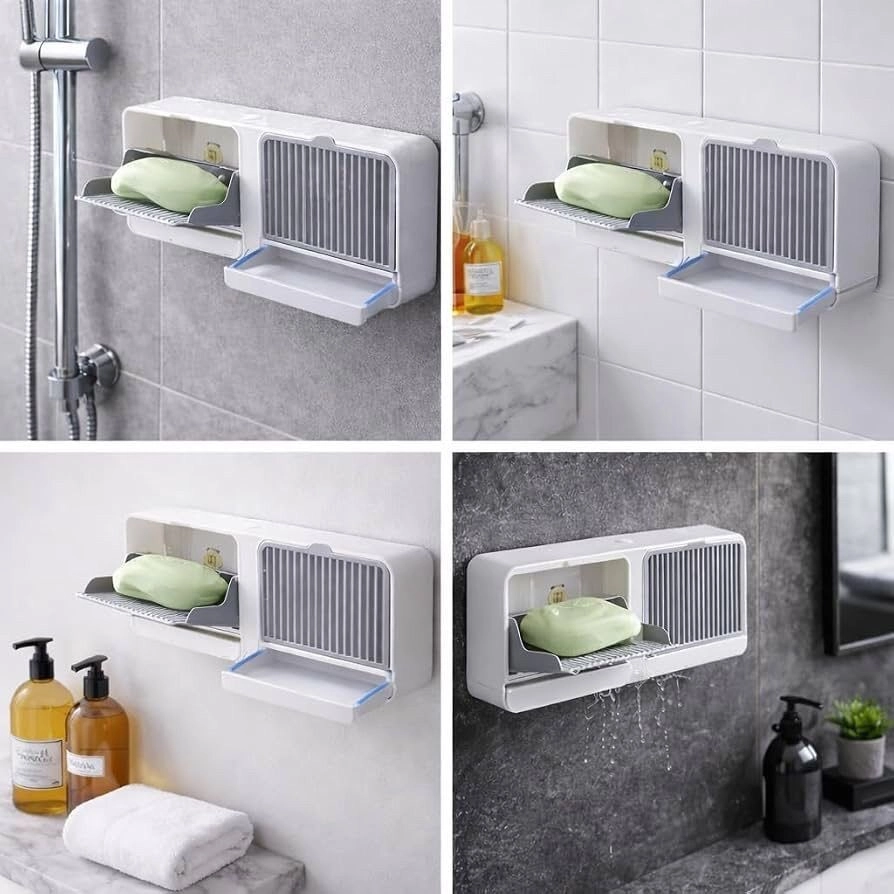 Wall Mounted Self Draining Soap Box | Plastic Soap Holder with Slide-Out Water Drainer Tray | No Drilling Self Adhesive Soap Rack for Shower, Sink & Wash Basin; Multi Colour 7