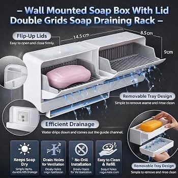 Wall Mounted Self Draining Soap Box | Plastic Soap Holder with Slide-Out Water Drainer Tray | No Drilling Self Adhesive Soap Rack for Shower, Sink & Wash Basin; Multi Colour 8