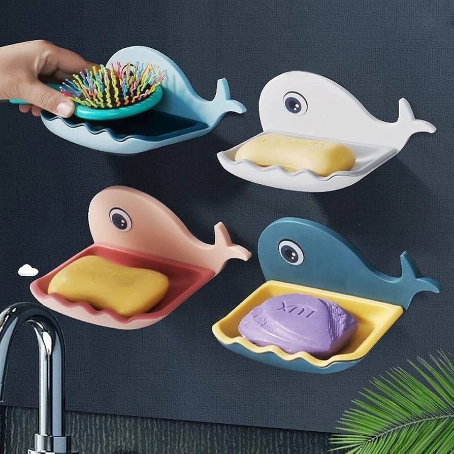 Self Draining Fish Shape Cute Soap Plastic Dish Adhesive Waterproof Wall Mounted Bar Soap Dish Holder Organizer Rack Hanging Bathroom Soap Tray for Bathroom