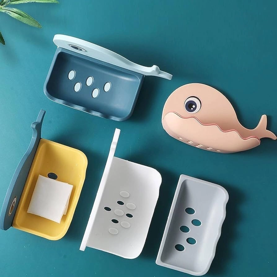 Self Draining Fish Shape Cute Soap Plastic Dish Adhesive Waterproof Wall Mounted Bar Soap Dish Holder Organizer Rack Hanging Bathroom Soap Tray for Bathroom