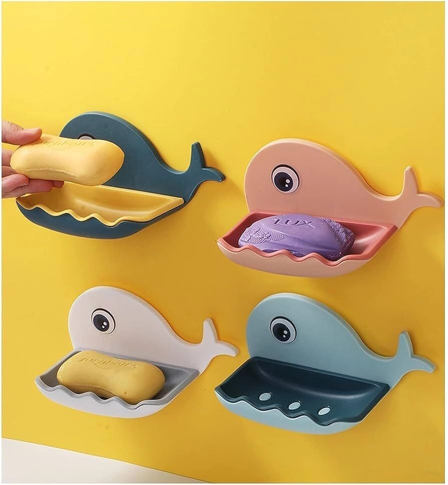 Self Draining Fish Shape Cute Soap Plastic Dish Adhesive Waterproof Wall Mounted Bar Soap Dish Holder Organizer Rack Hanging Bathroom Soap Tray for Bathroom 3