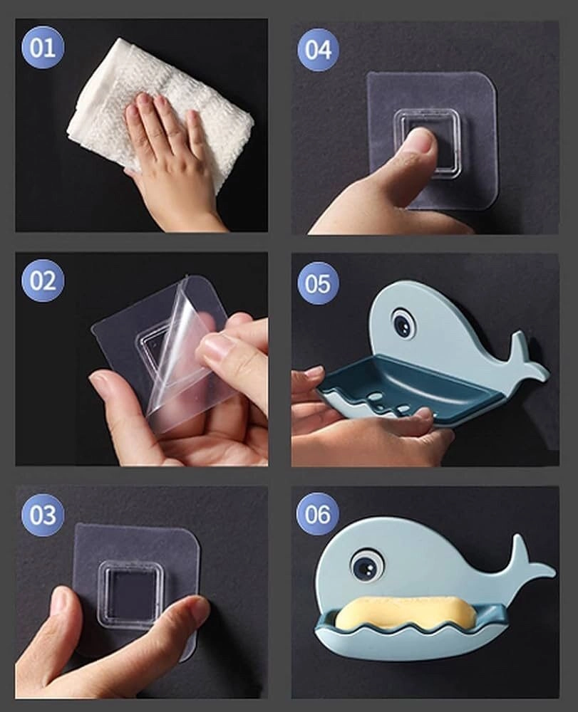 Self Draining Fish Shape Cute Soap Plastic Dish Adhesive Waterproof Wall Mounted Bar Soap Dish Holder Organizer Rack Hanging Bathroom Soap Tray for Bathroom 6