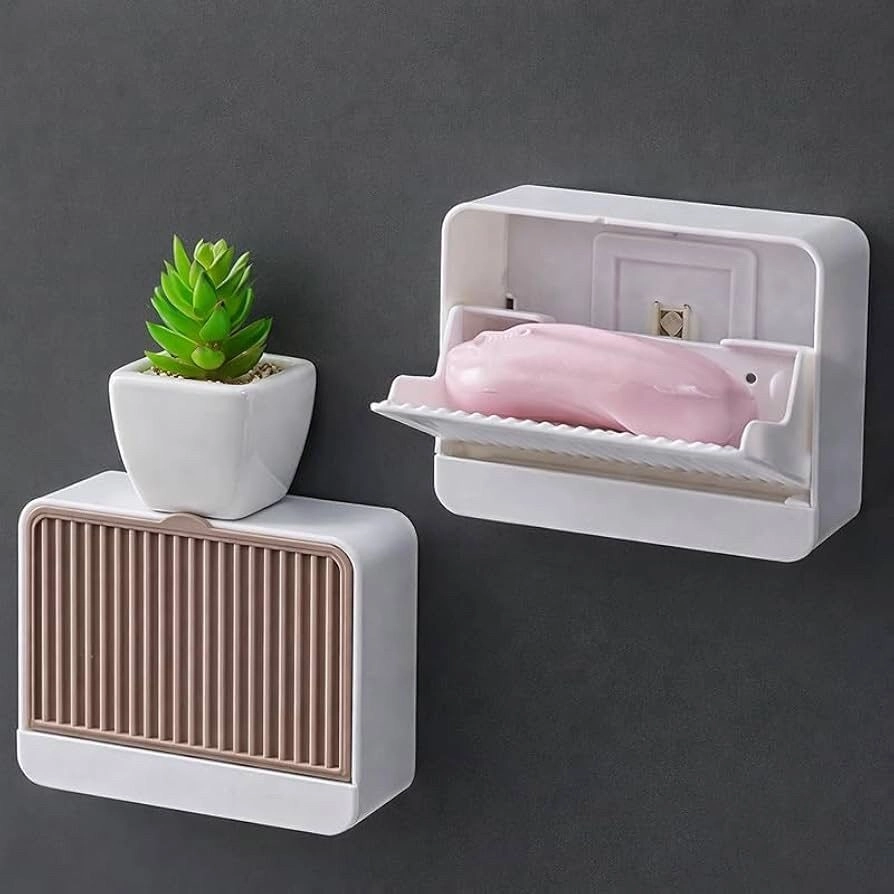 Premium Plastic Creative Wall Mounted Double Bar Bathroom Soap Box Holder Soap Dish with Drainage Box Soap Box with Lid Soap Draining Rack