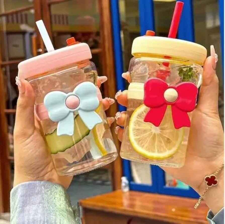 Glass Cup with Straw and Lid, Reusable Cup, Iced Coffee Cup, Cute Heat-Resistant Transparent Glass Cups for Water, Matcha, Coffee Mugs use for Travel, Camping (1)
