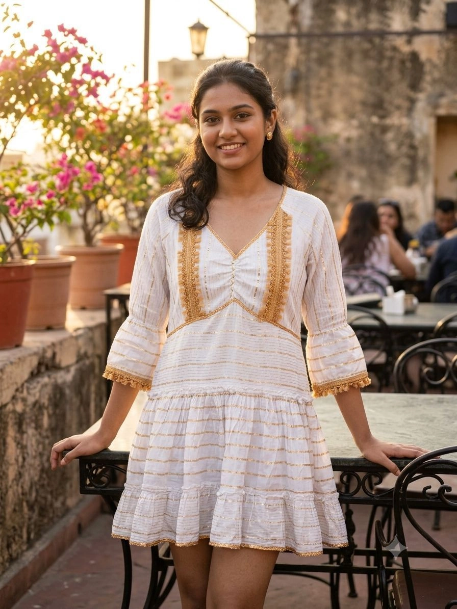 Aqil Cotton off white Lurex Embroidered Dress 2