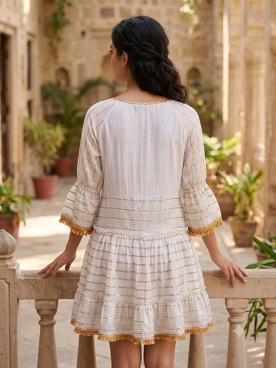 Aqil Cotton off white Lurex Embroidered Dress 3