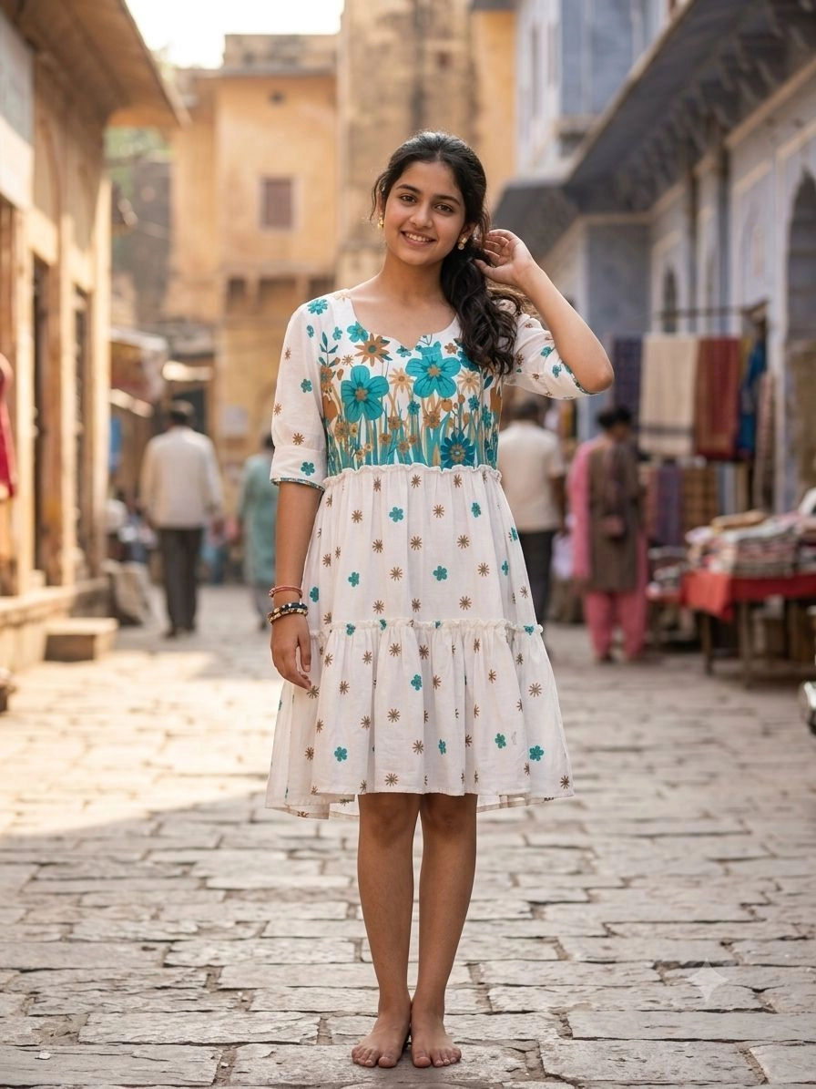 Aqil Off white cotton printed women Dress 1