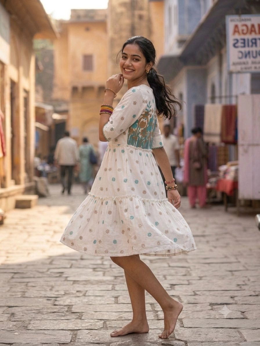 Aqil Off white cotton printed women Dress 2