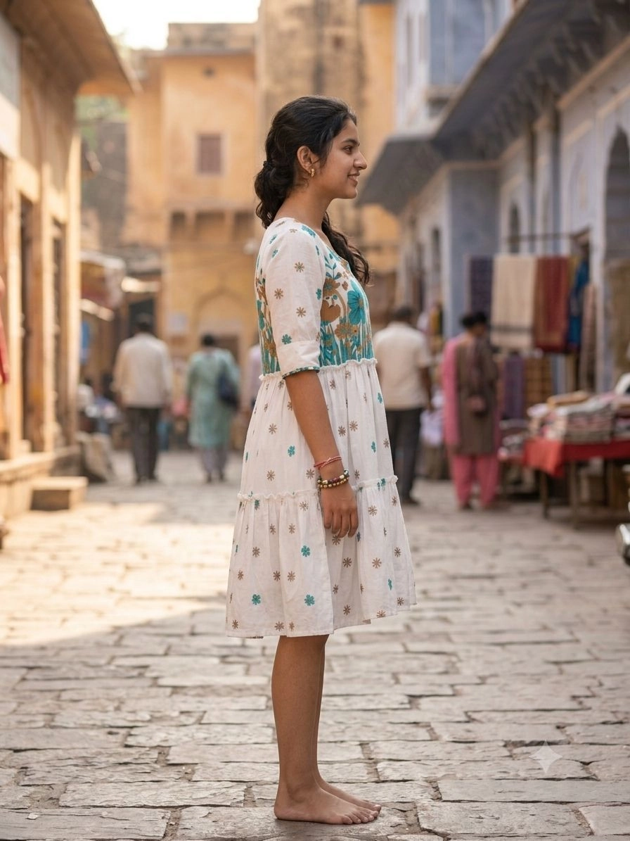 Aqil Off white cotton printed women Dress 3