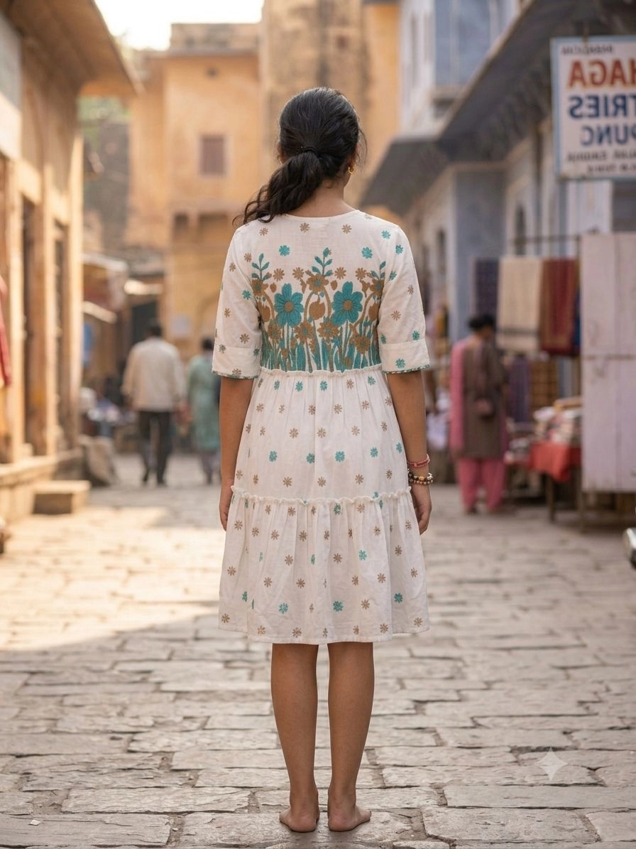 Aqil Off white cotton printed women Dress 4