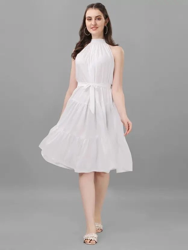Aqil Fit and Flare White Midi/Calf length Dress 1