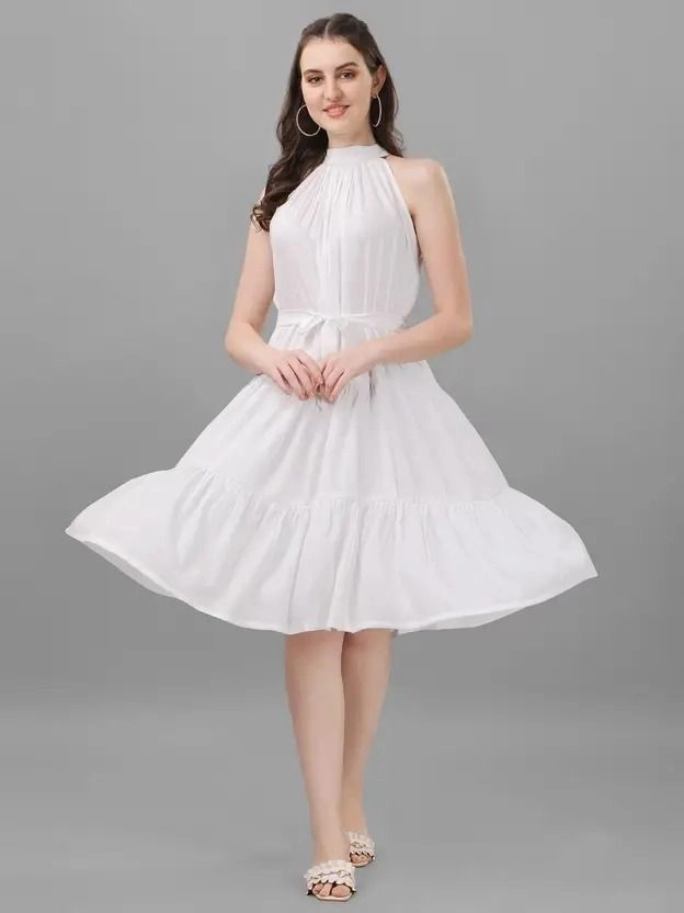 Aqil Fit and Flare White Midi/Calf length Dress 2