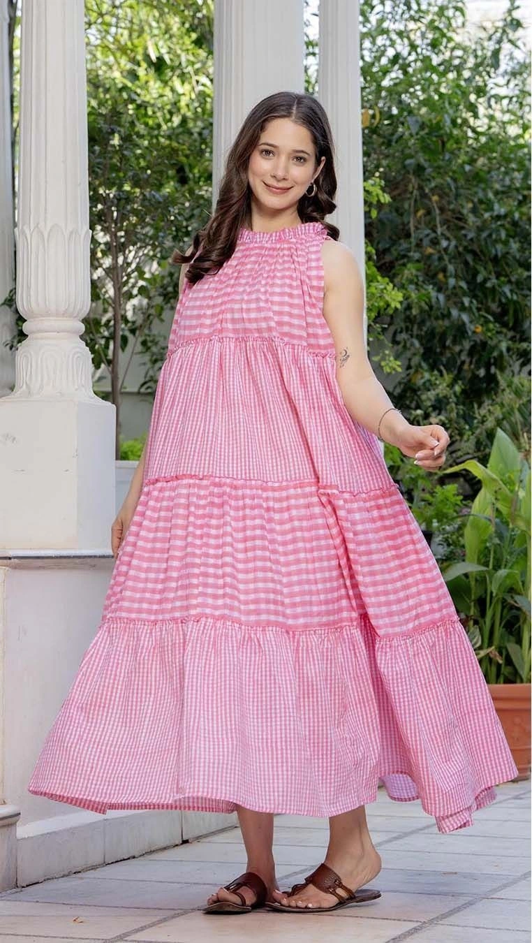 Aqil Pink Handblock Print Check Dress for Women 3