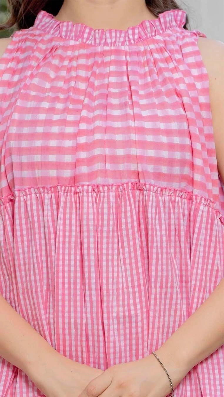 Aqil Pink Handblock Print Check Dress for Women 5