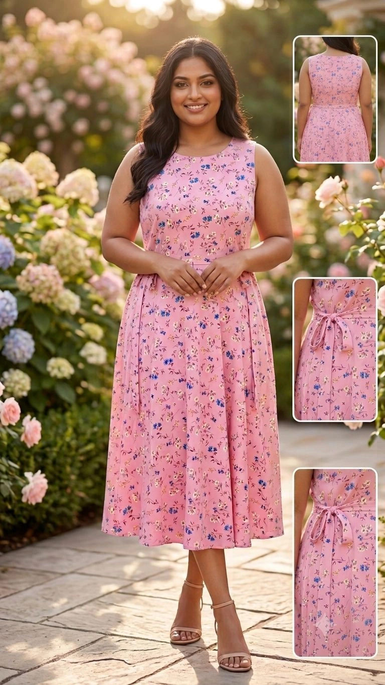 Aqil Charming Pink Floral Midi Dress 1