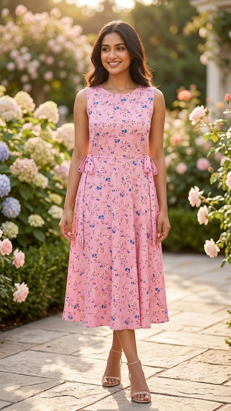 Aqil Charming Pink Floral Midi Dress 2