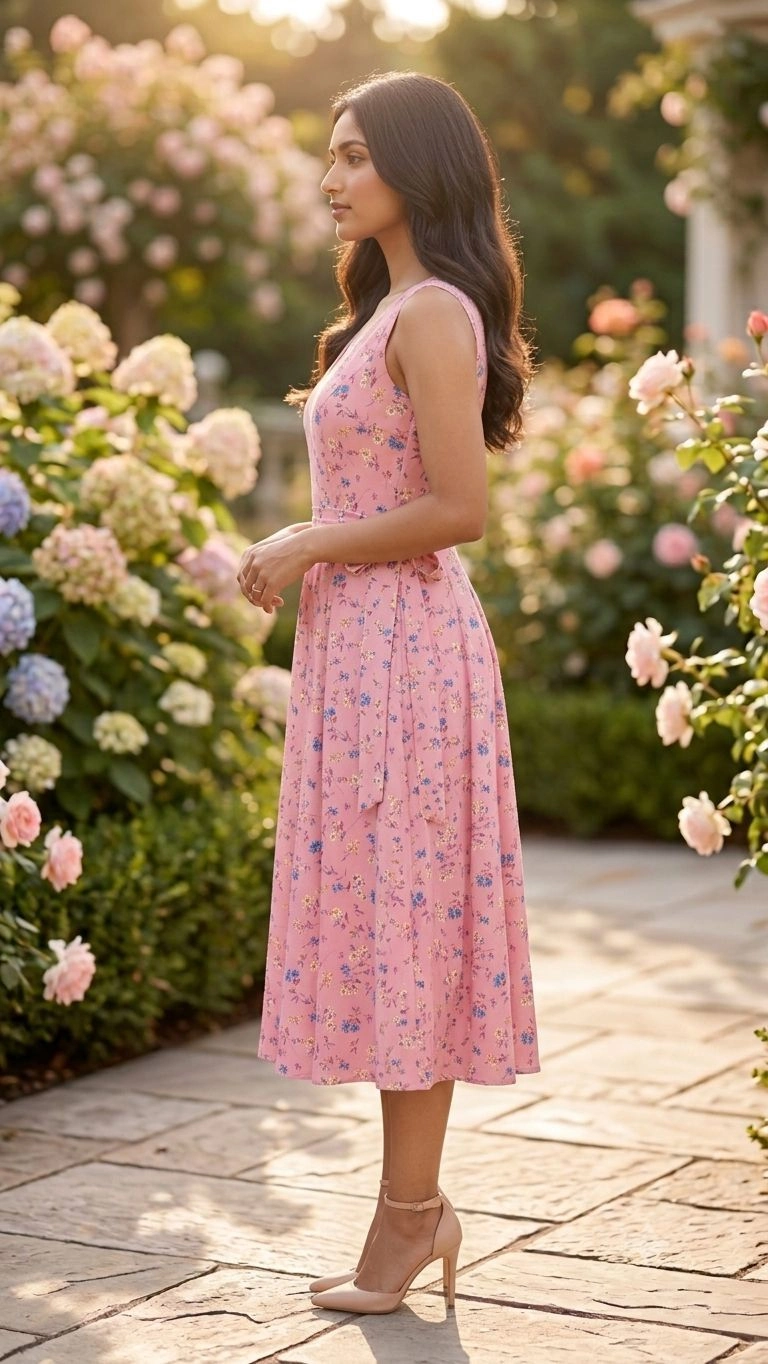 Aqil Charming Pink Floral Midi Dress 3