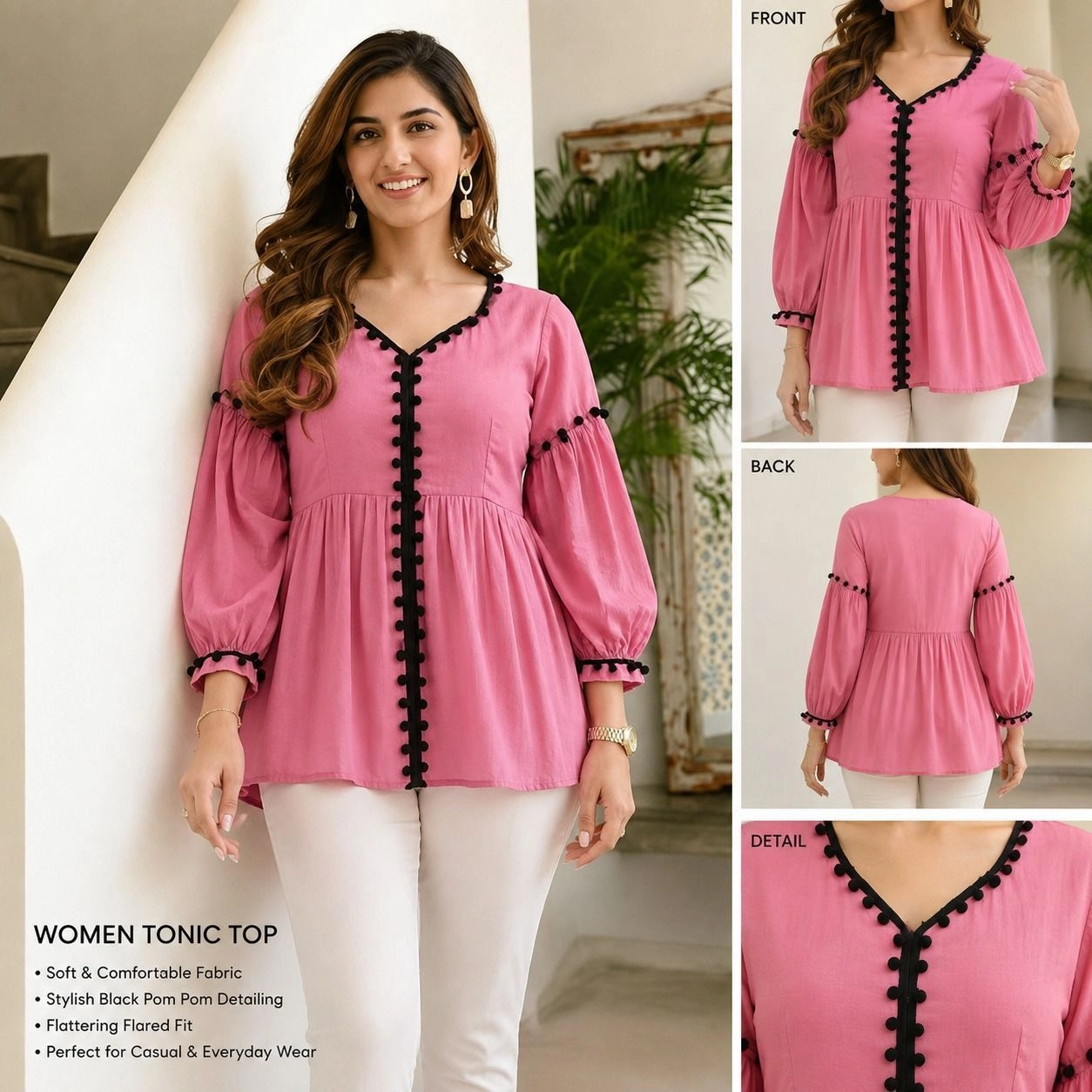 “Pink Button-Front Puff Sleeve Tunic Top” 1