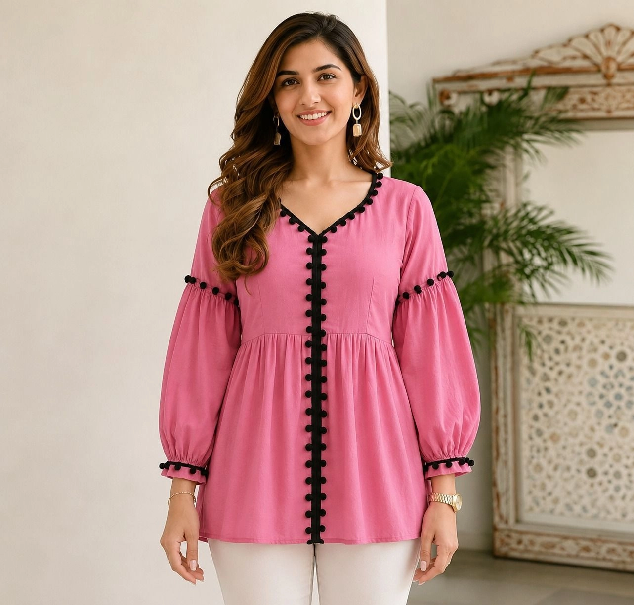 “Pink Button-Front Puff Sleeve Tunic Top” 2