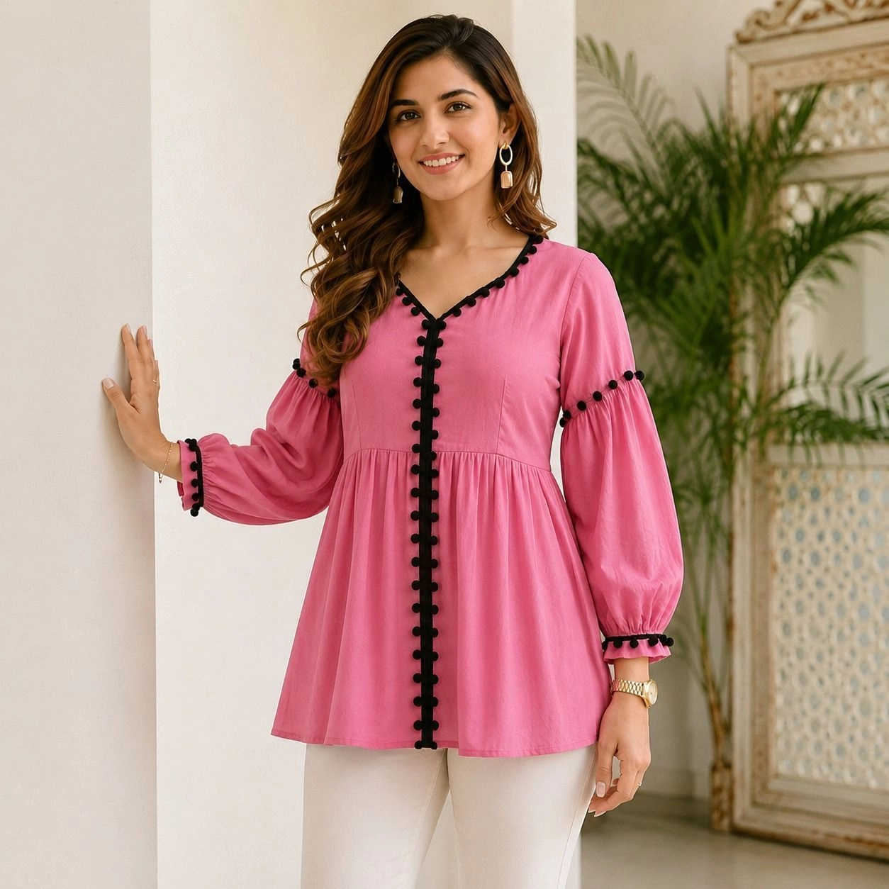 “Pink Button-Front Puff Sleeve Tunic Top” 3