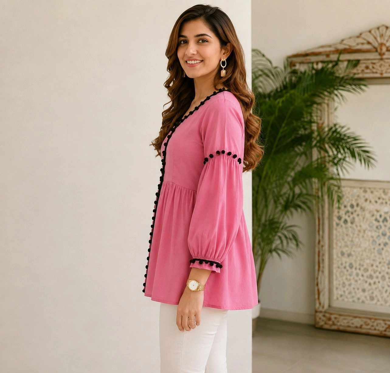 “Pink Button-Front Puff Sleeve Tunic Top” 4