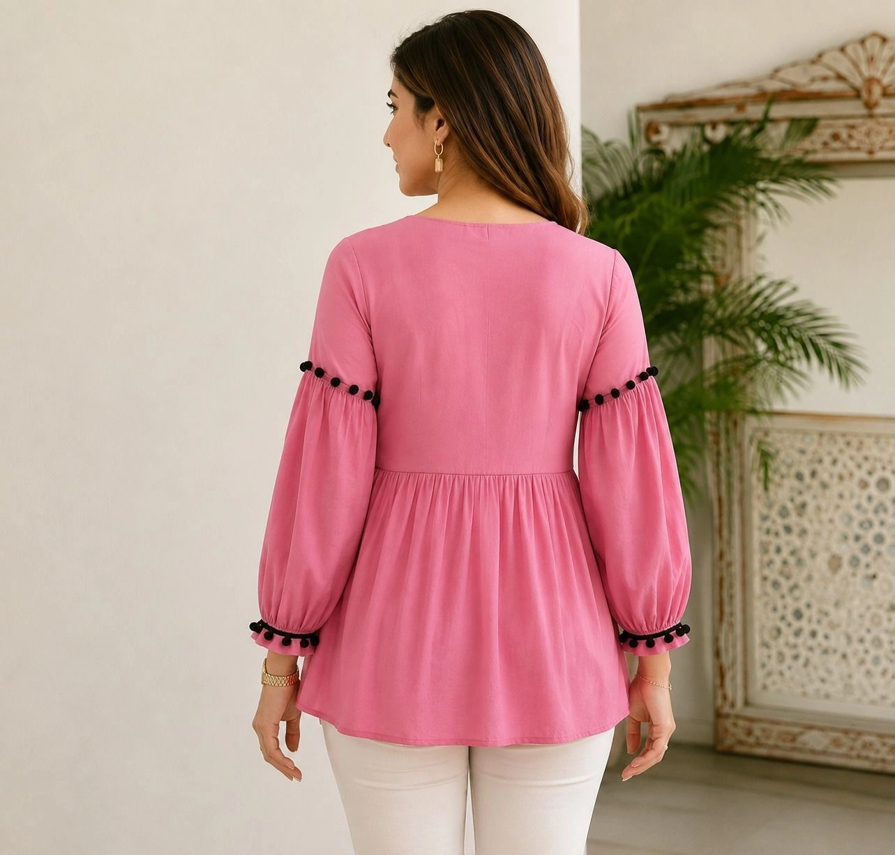 “Pink Button-Front Puff Sleeve Tunic Top” 5