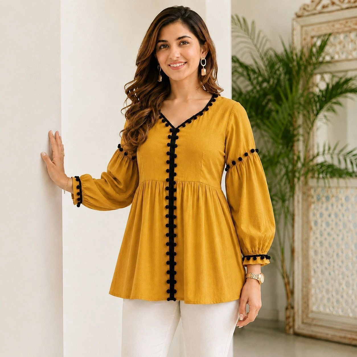 Mustard Yellow Button-Front Puff Sleeve Tunic Top 1