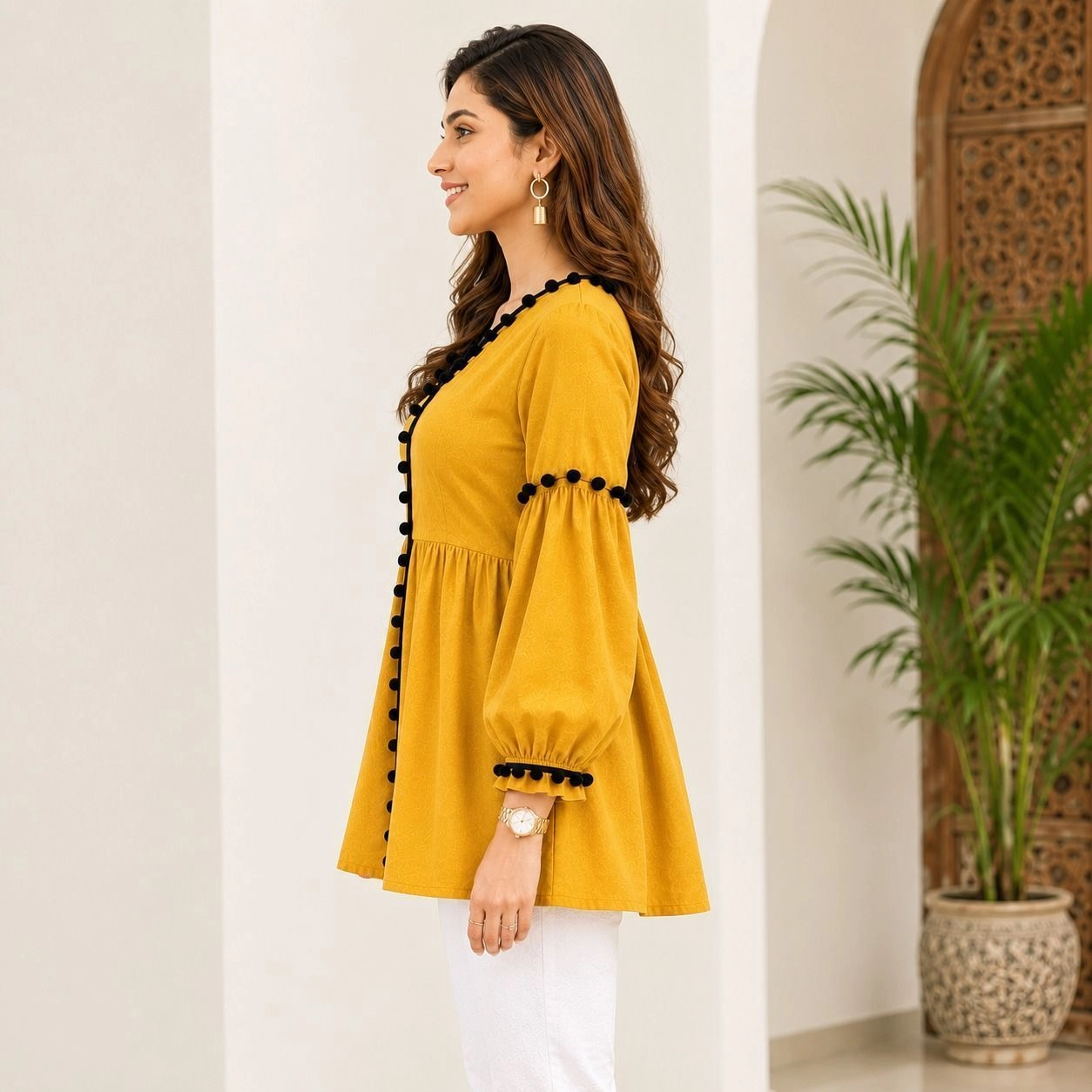 Mustard Yellow Button-Front Puff Sleeve Tunic Top 2