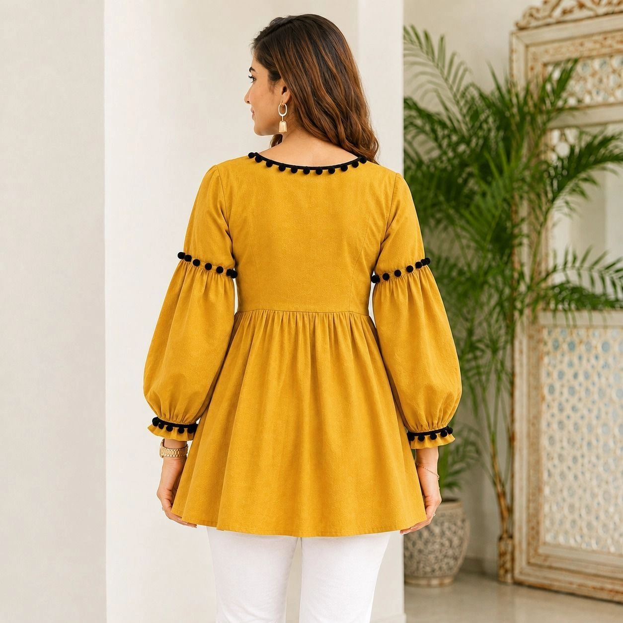 Mustard Yellow Button-Front Puff Sleeve Tunic Top 3