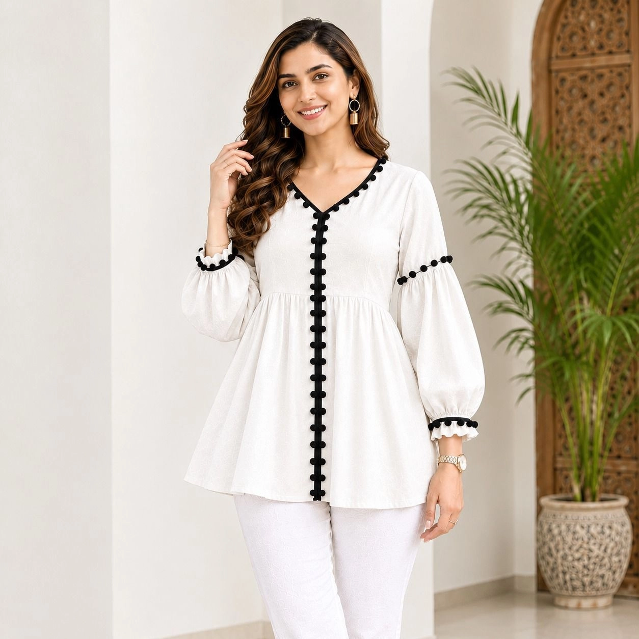 White Button-Front Puff Sleeve Tunic Top 1