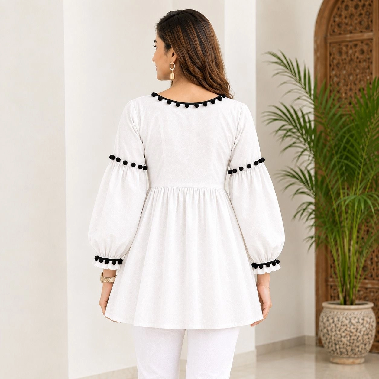 White Button-Front Puff Sleeve Tunic Top 2