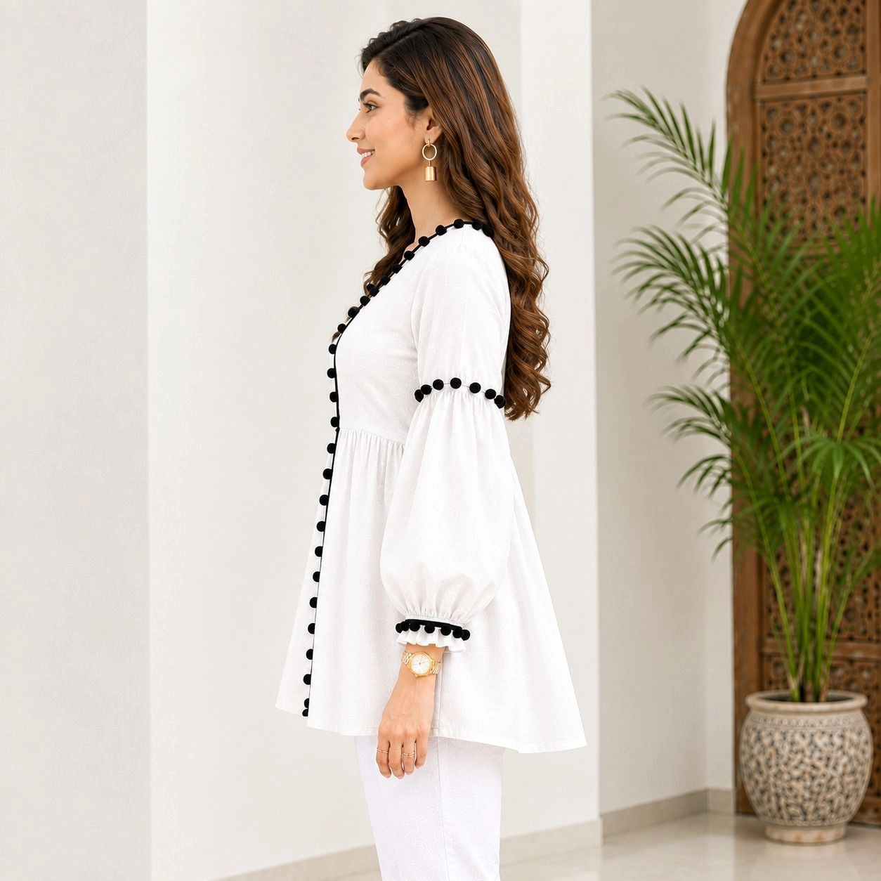 White Button-Front Puff Sleeve Tunic Top 3