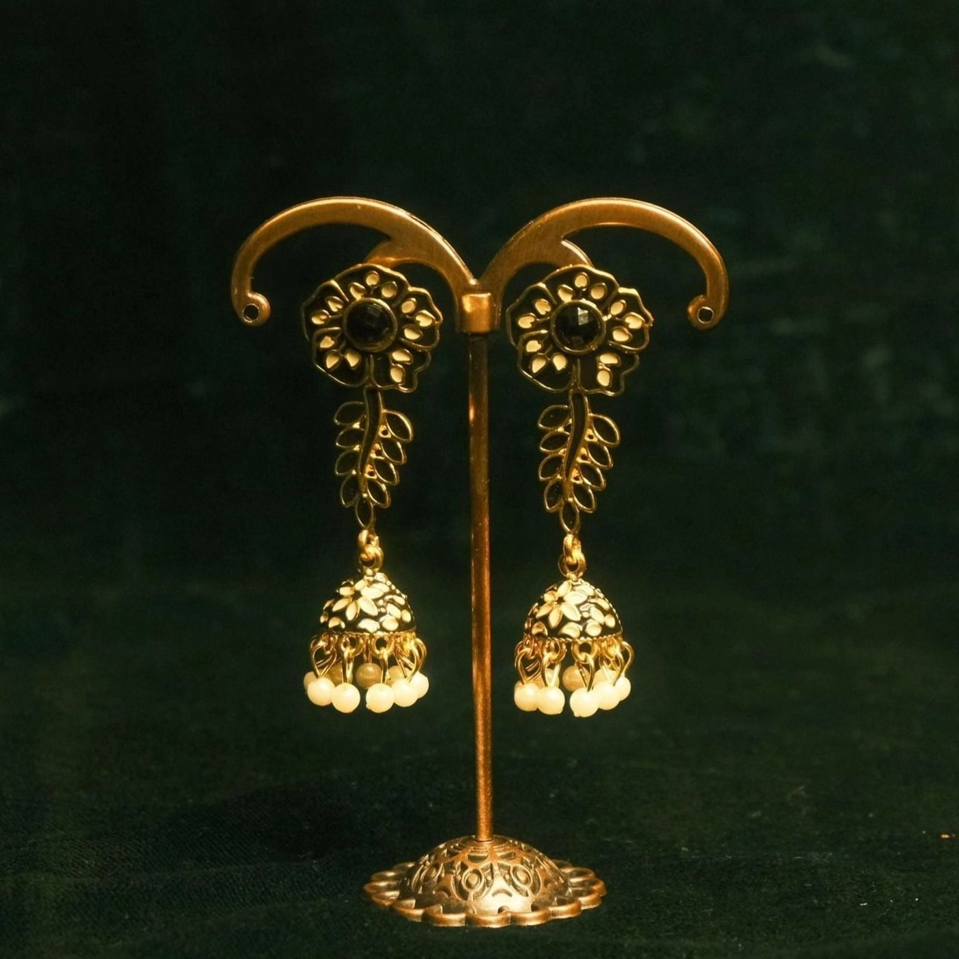 Floral Link Jhumka- Black