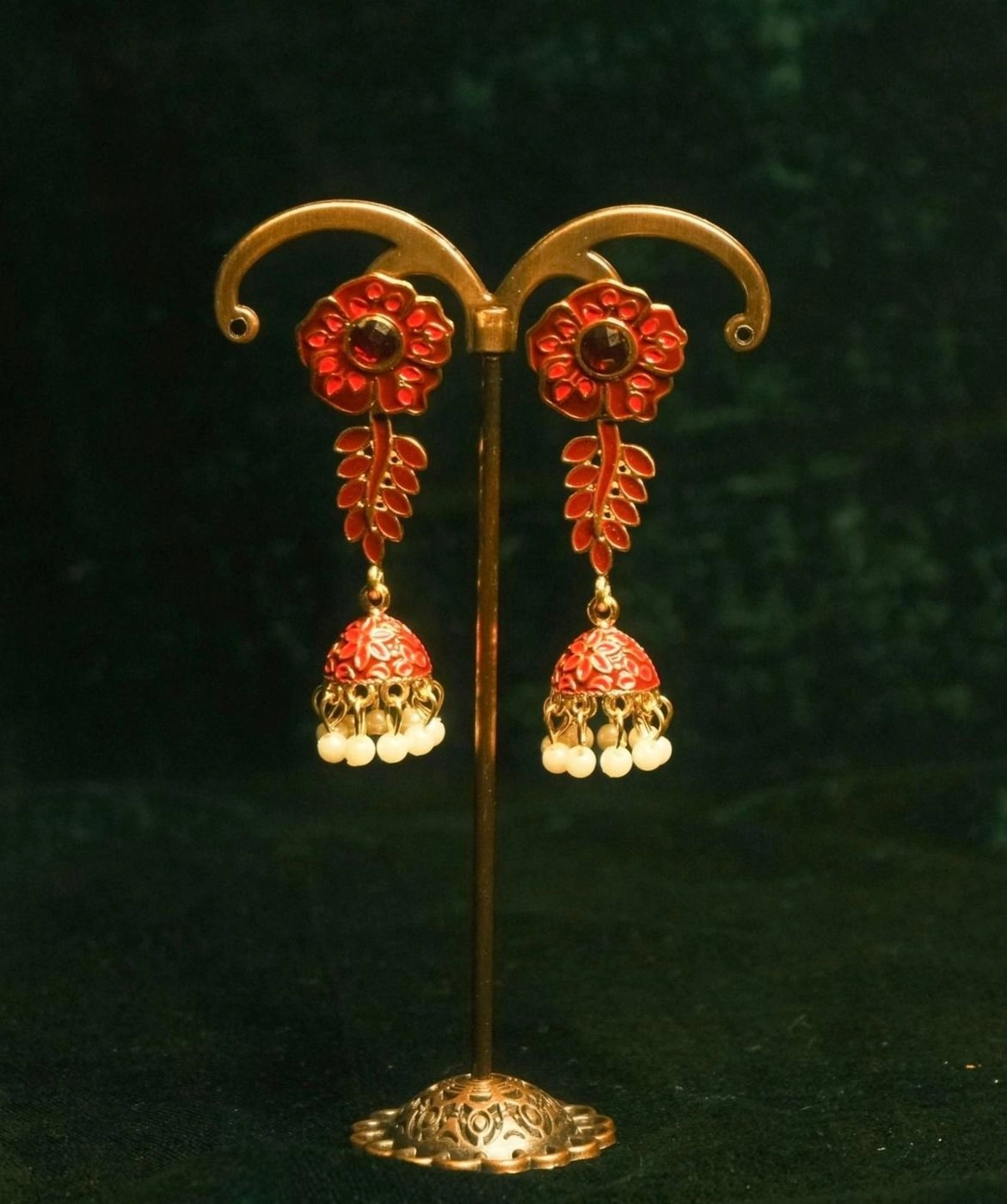 Floral Link Jhumka- Red