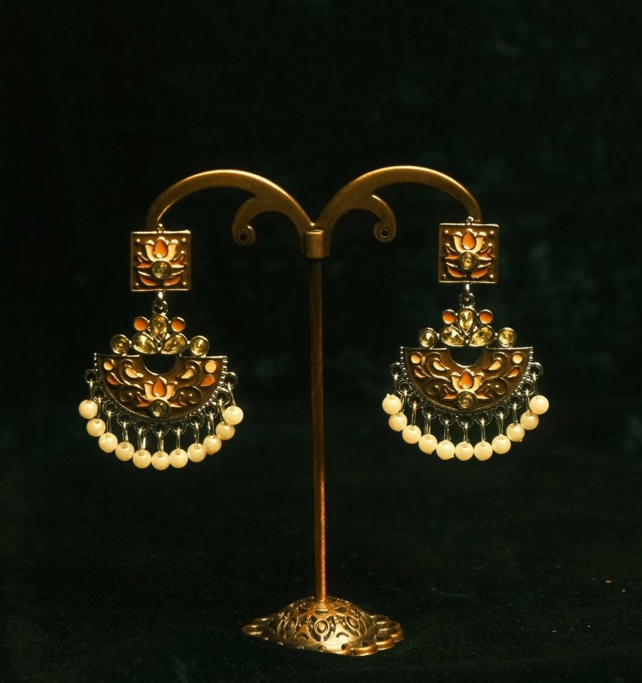 Lotus Pearl Jhumka- Brown