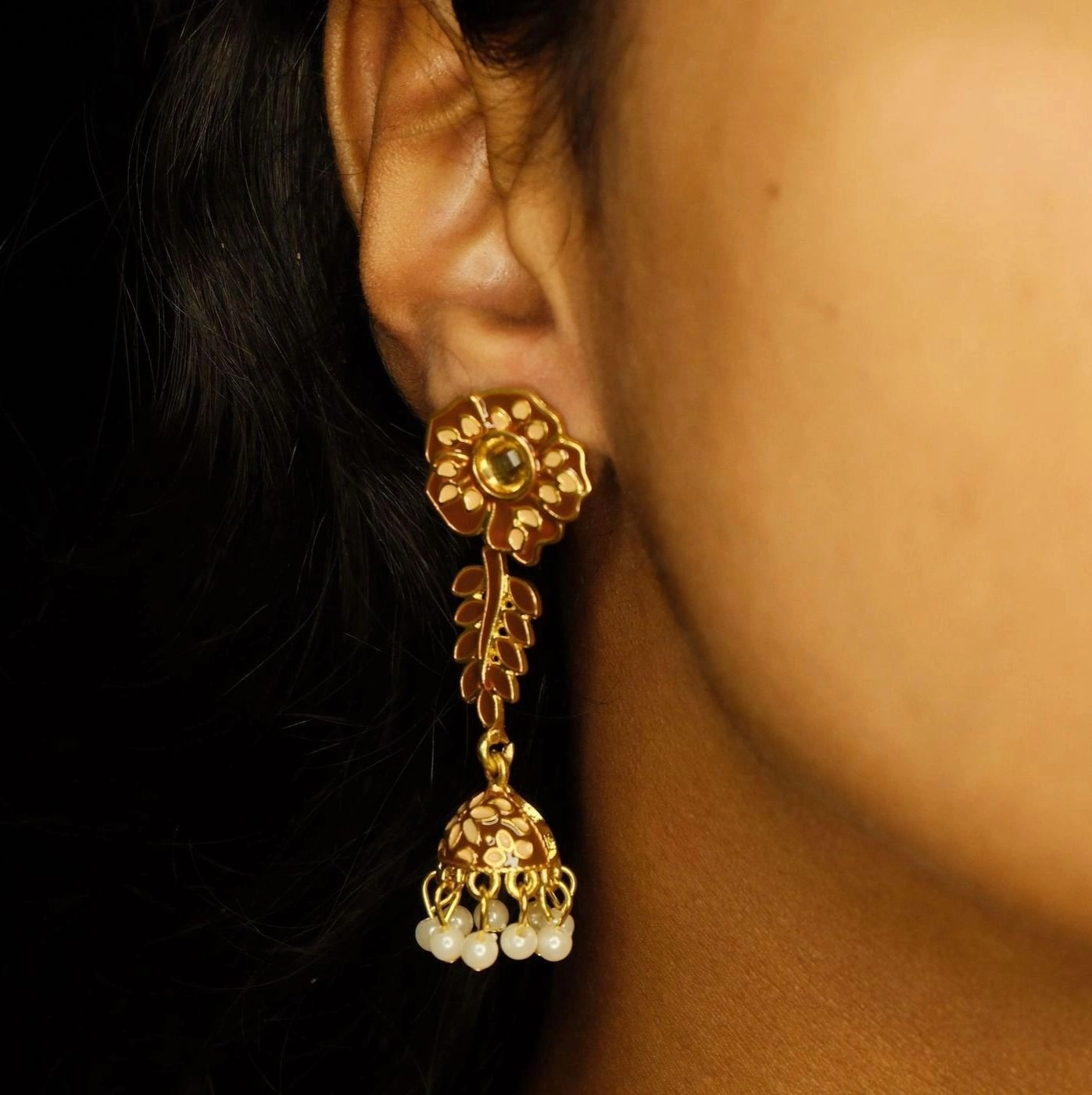 Floral Link Jhumka- Brown