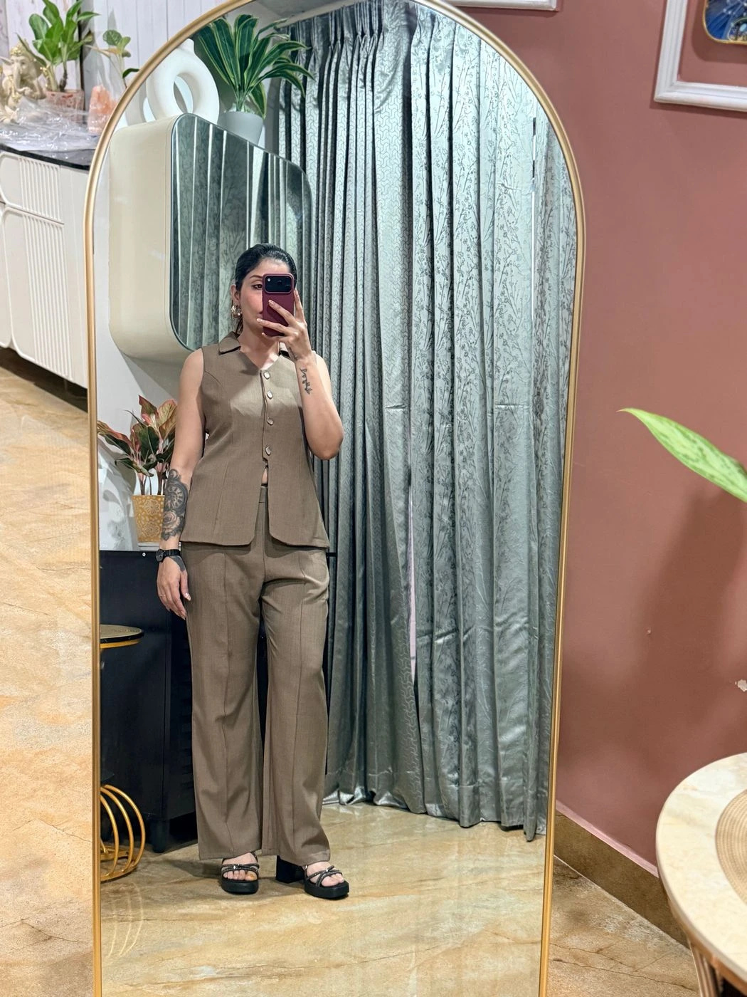 Sleeves less button-Down Co-ord set-Mocha brown