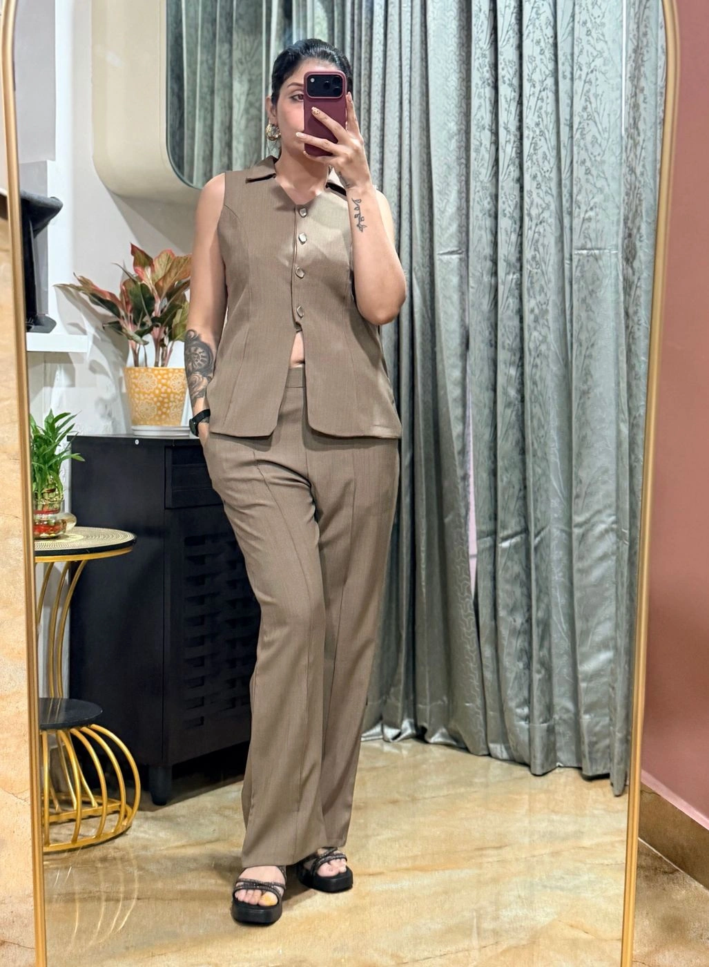 Sleeves less button-Down Co-ord set-Mocha brown