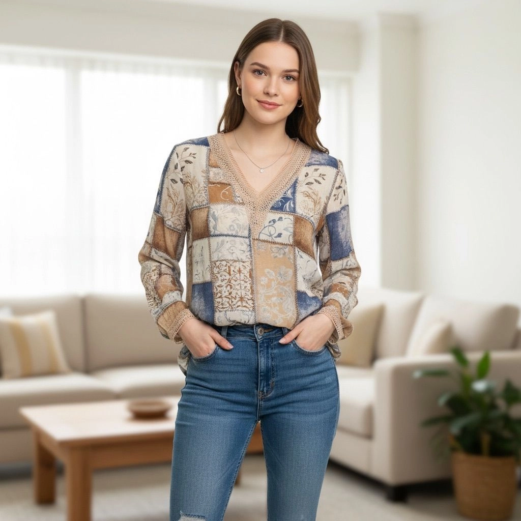 Women’s printed V neck causal top 1