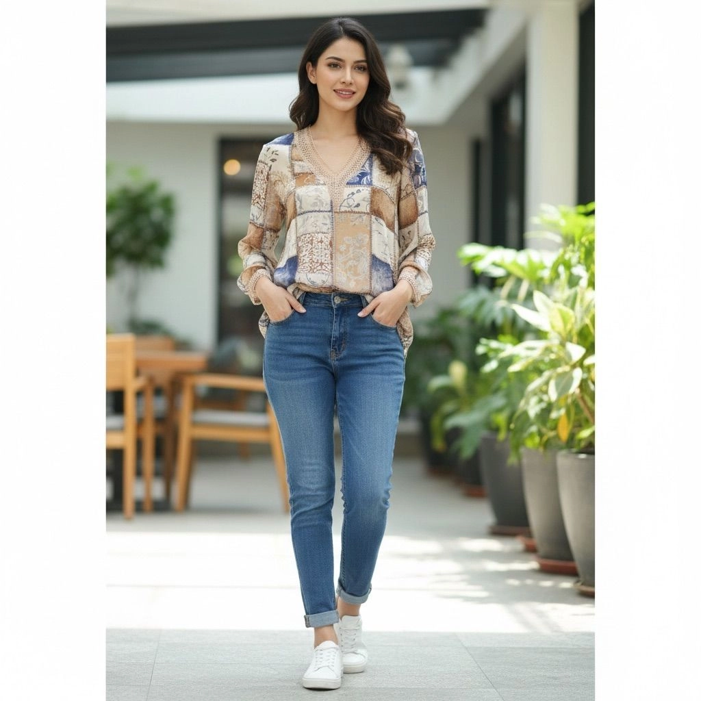 Women’s printed V neck causal top 2