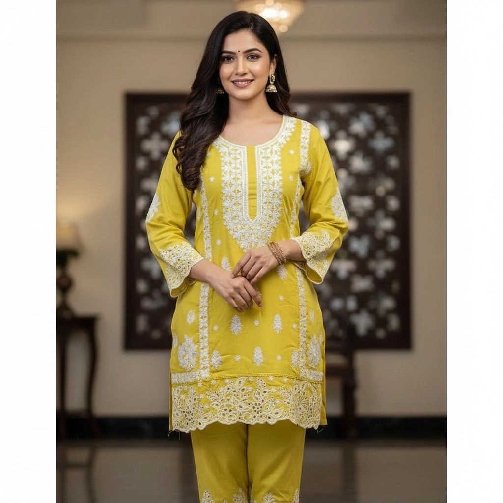 Lemon yellow Embroidered cotton co ord set 1