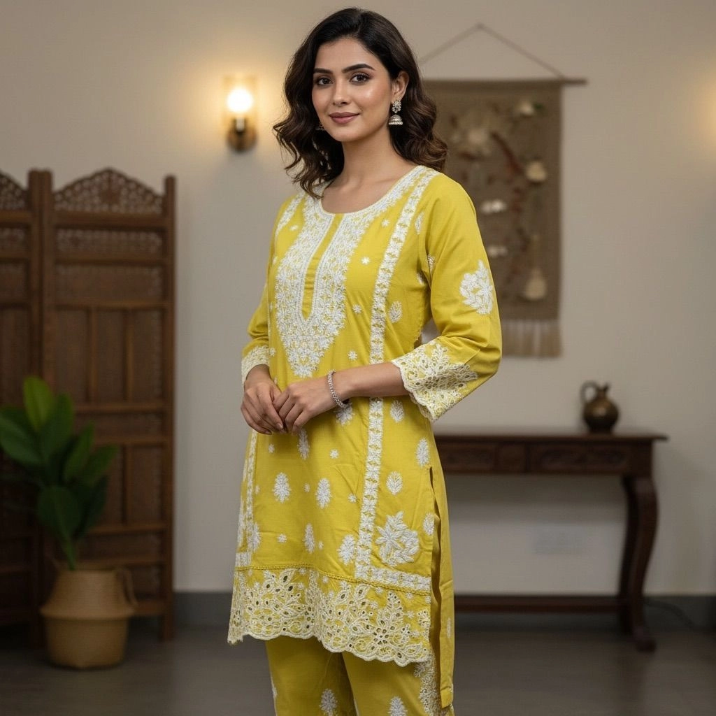 Lemon yellow Embroidered cotton co ord set 2