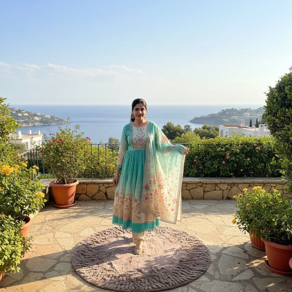 Aqua Floral Printed cotton suit set with dupatta 2