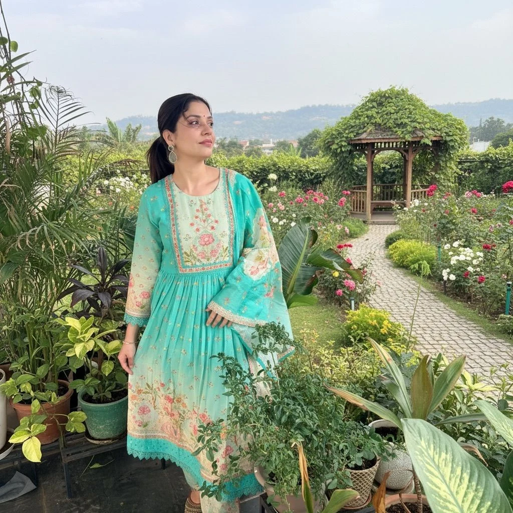 Aqua Floral Printed cotton suit set with dupatta 3