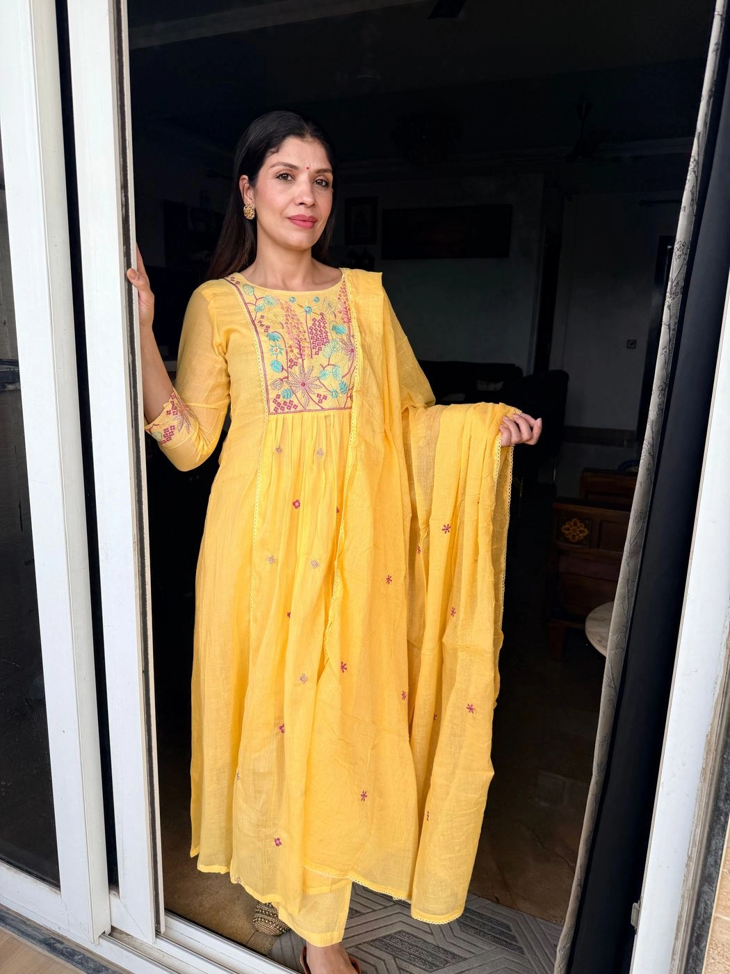 Yellow Embroidered Cotton Blend 3-Piece Suit Set with Dupatta 1