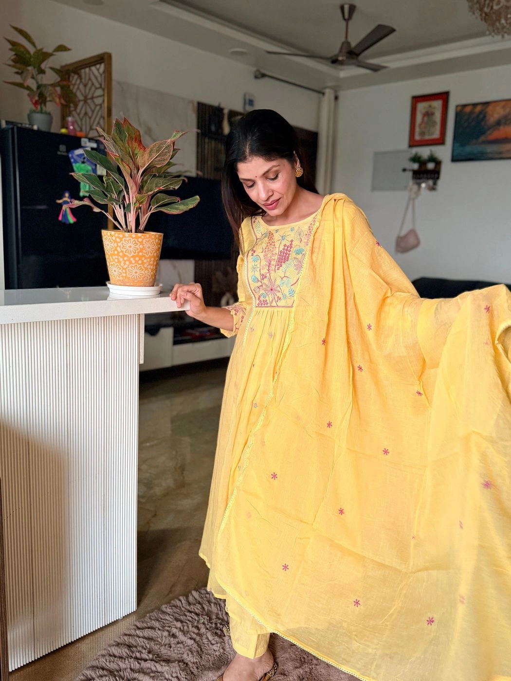 Yellow Embroidered Cotton Blend 3-Piece Suit Set with Dupatta 2
