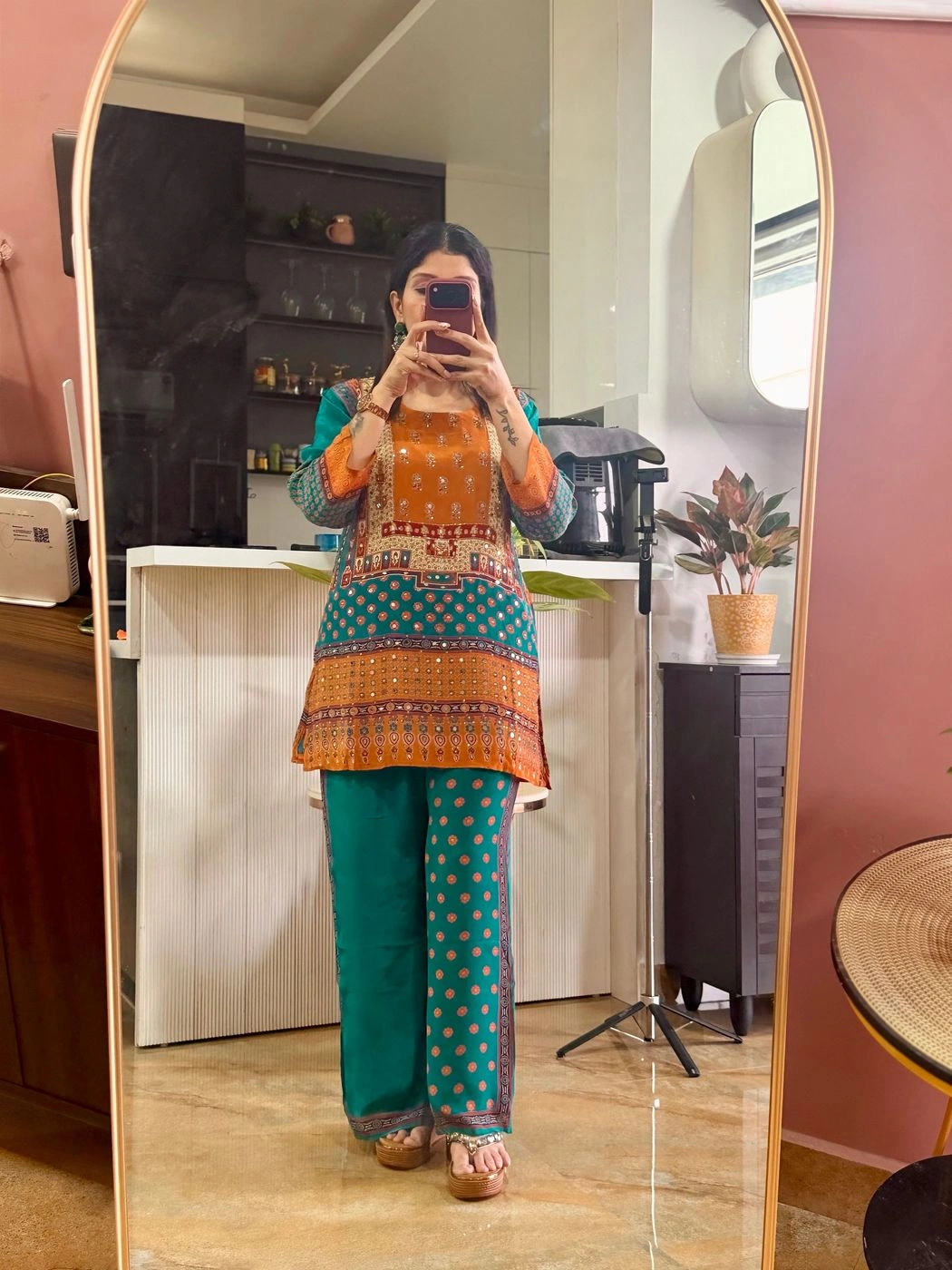 Premium  Cambric cotton Printed Co ord set Orange &Teen green
