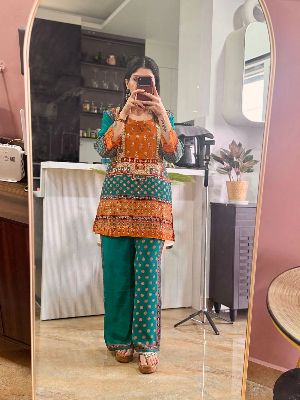 Premium  Cambric cotton Printed Co ord set Orange &Teen green